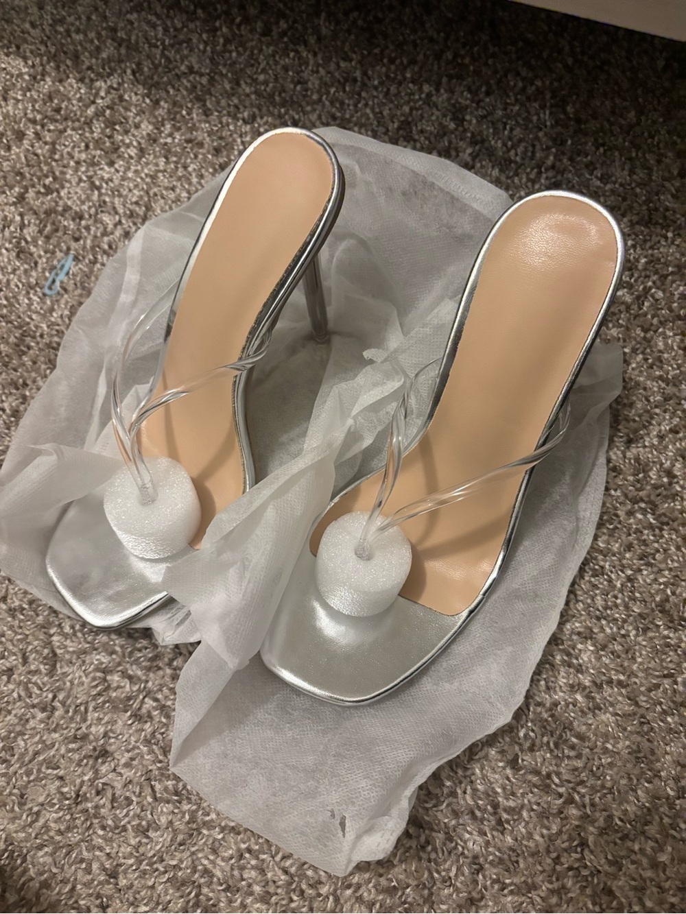 Clear Strap Silver Stiletto Slide Heels - Women's. Brand New